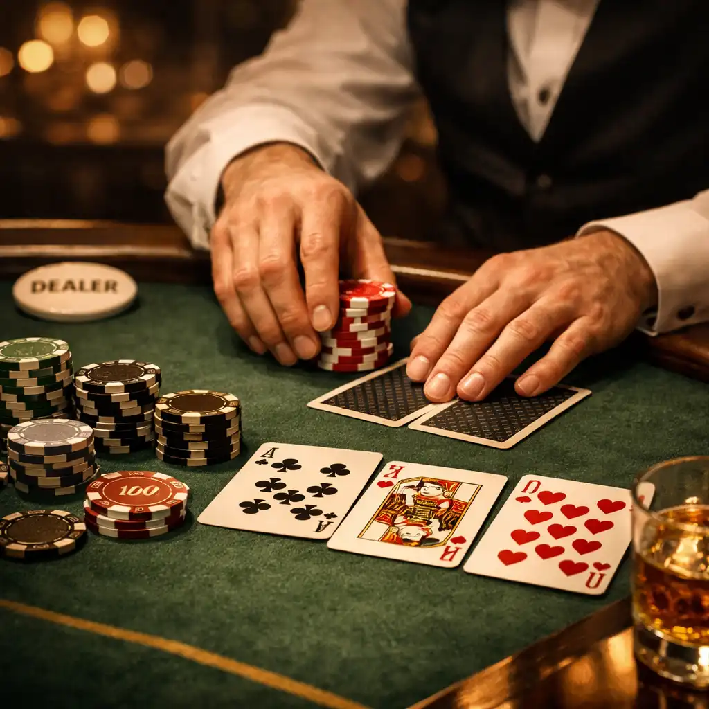 Zbliżenie stołu pokerowego z żetonami i kartami w eleganckim świetle